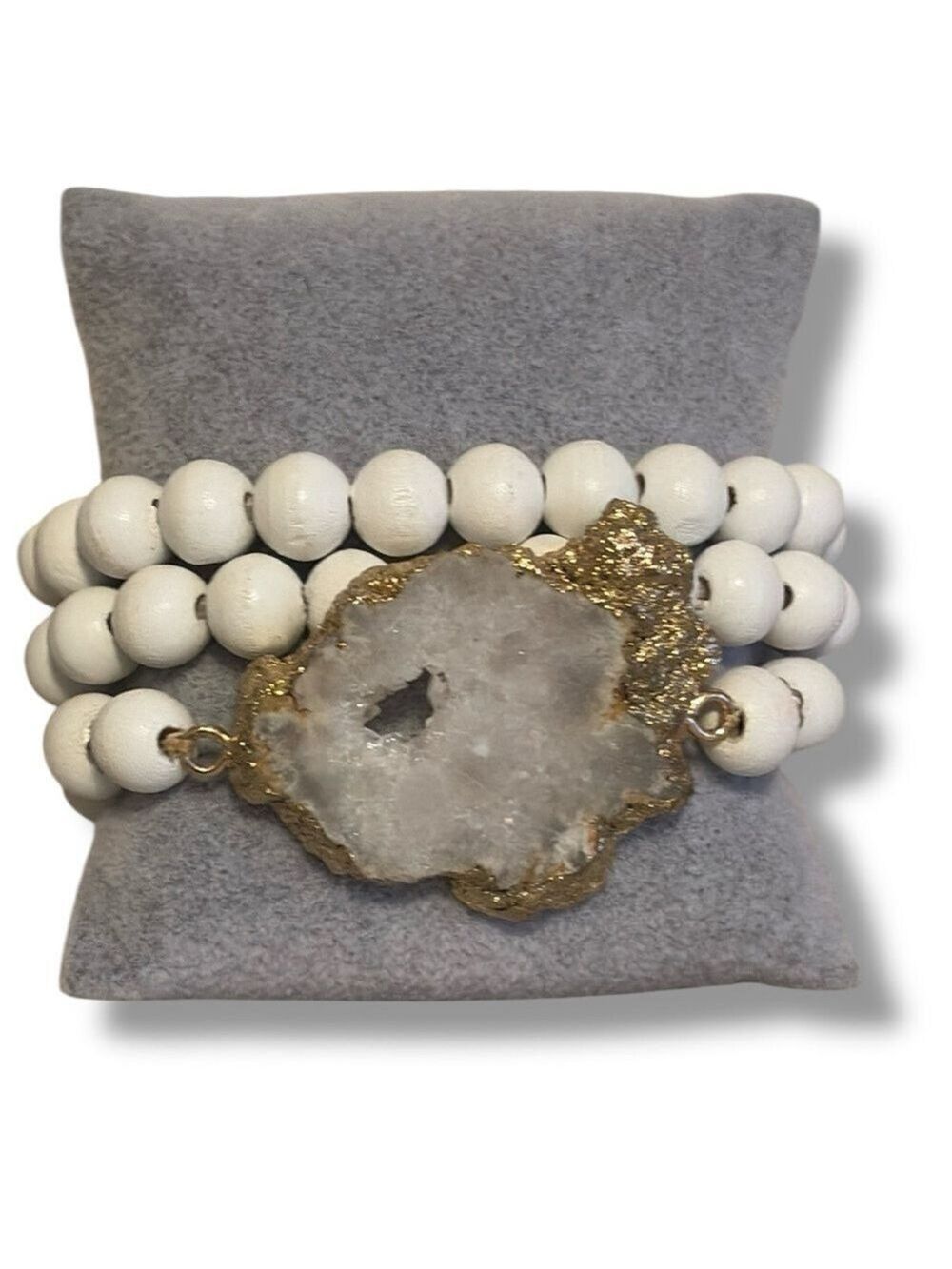 Boho Stretch Bracelet Set Wood Beads Sliced Semi Precious Stone White New